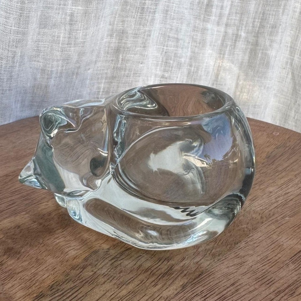 Vintage Indiana Glass Sleeping Cat Votive Candle Holder Paperweight Figurine‎